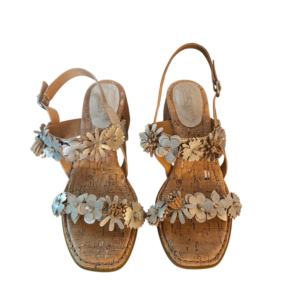 Born Kheli Floral Block Heel Sandals Metallic Gold Silver Leather Womens 9M